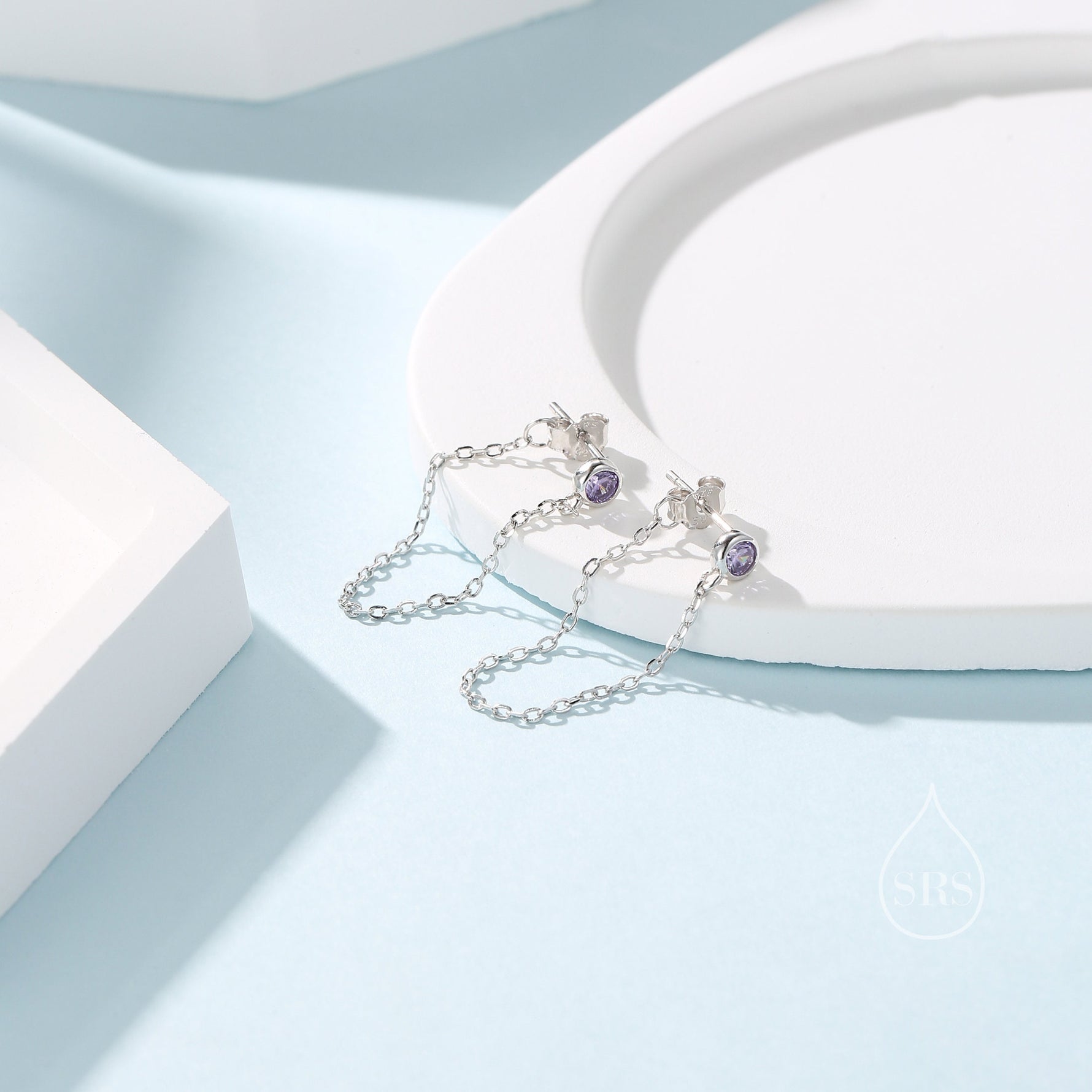 Purple CZ Chain Ear Jacket in Sterling Silver, Silver or Gold, Front and Back Earrings, Two Part Earrings, CZ with Linking Chain Earrings