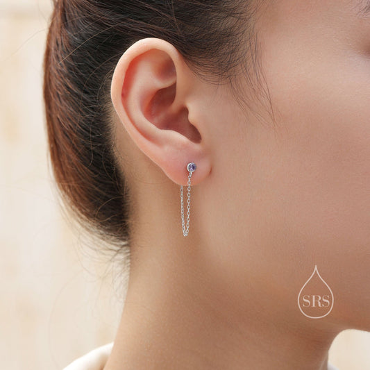 Purple CZ Chain Ear Jacket in Sterling Silver, Silver or Gold, Front and Back Earrings, Two Part Earrings, CZ with Linking Chain Earrings