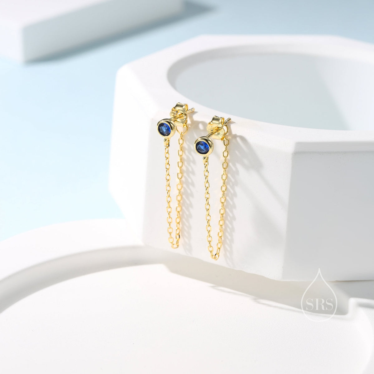 Sapphire Blue CZ Chain Ear Jacket in Sterling Silver, Silver or Gold, Front and Back Earrings, Two Part Earrings, Linking Chain Earrings