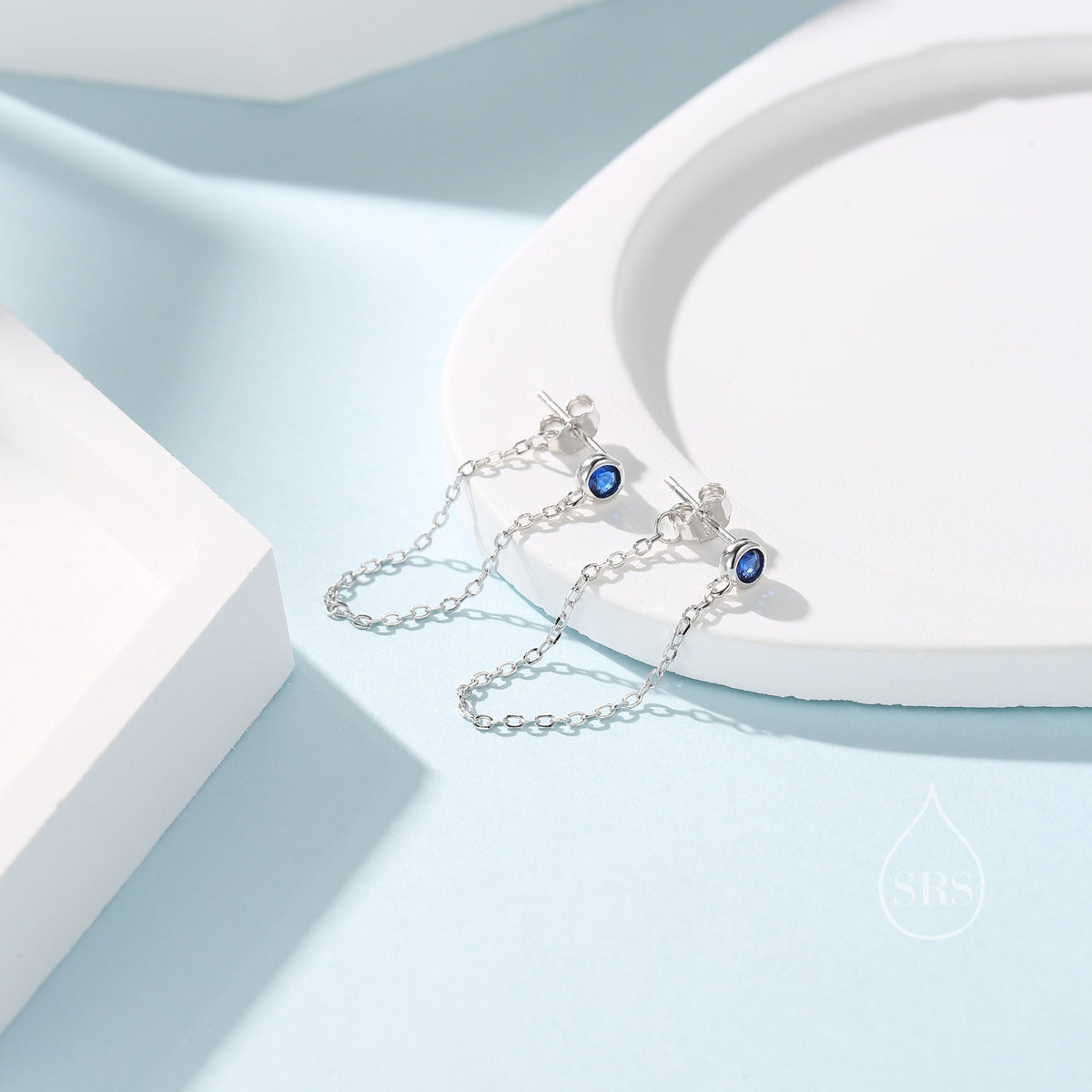 Sapphire Blue CZ Chain Ear Jacket in Sterling Silver, Silver or Gold, Front and Back Earrings, Two Part Earrings, Linking Chain Earrings