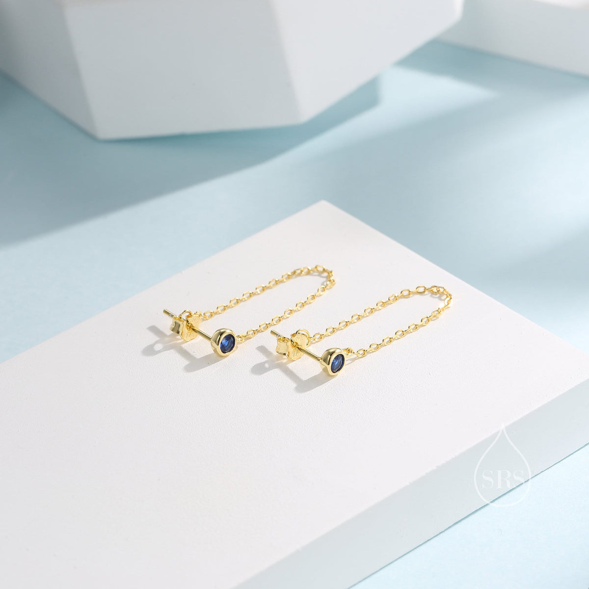 Sapphire Blue CZ Chain Ear Jacket in Sterling Silver, Silver or Gold, Front and Back Earrings, Two Part Earrings, Linking Chain Earrings