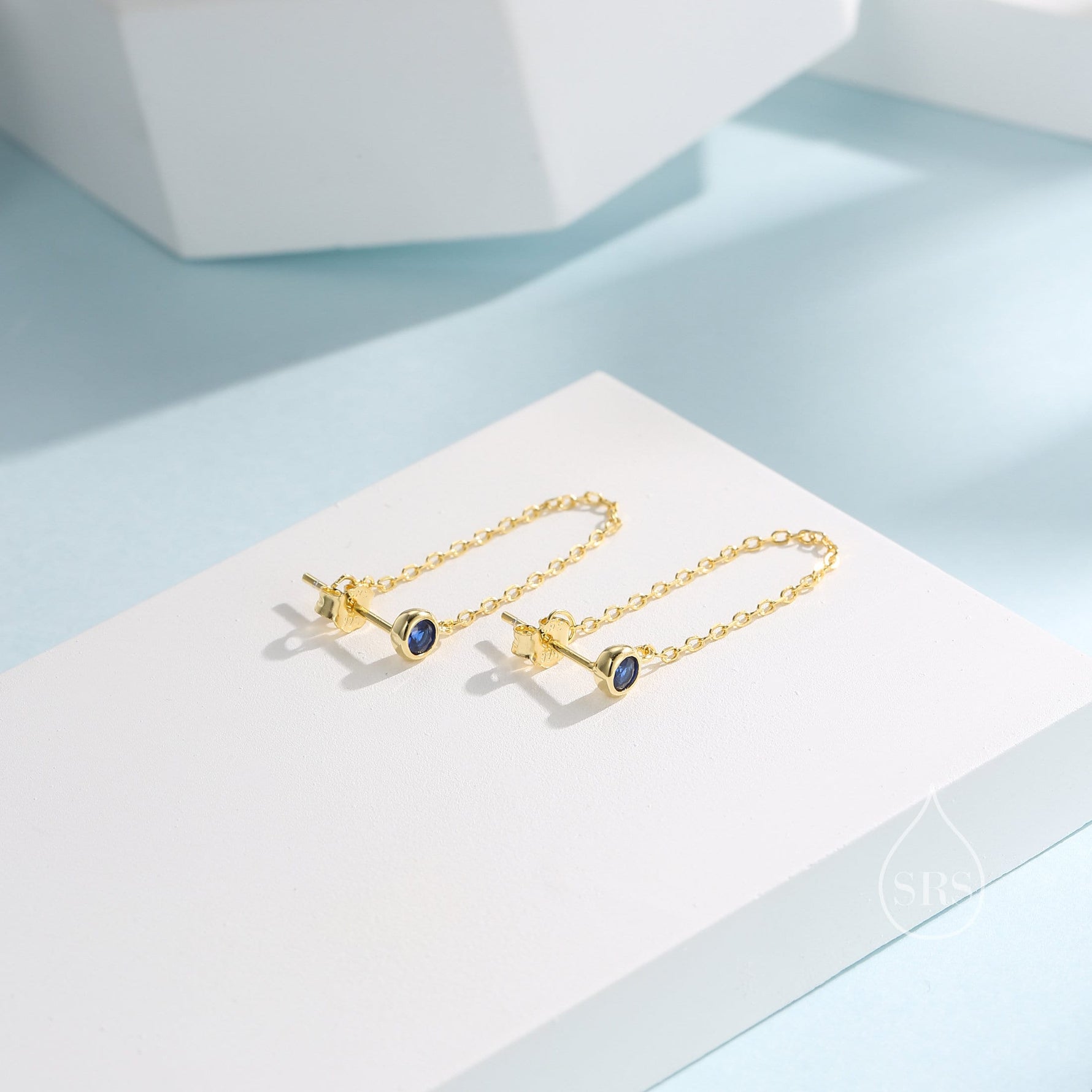 Sapphire Blue CZ Chain Ear Jacket in Sterling Silver, Silver or Gold, Front and Back Earrings, Two Part Earrings, Linking Chain Earrings