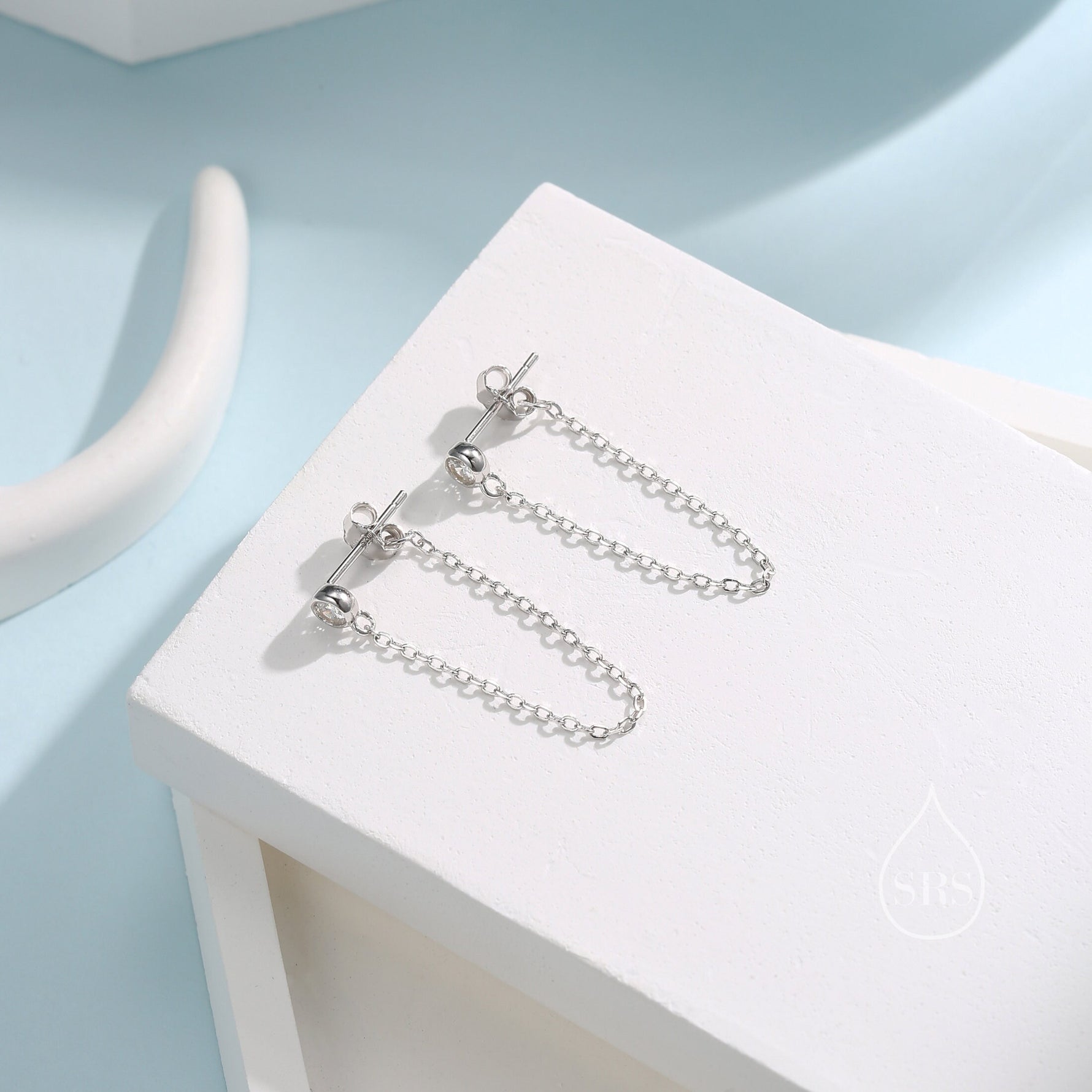 Clear CZ Chain Ear Jacket in Sterling Silver, Silver or Gold, Front and Back Earrings, Two Part Earrings, Linking Chain Earrings