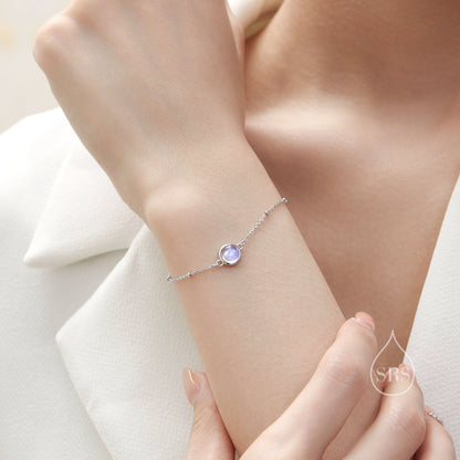 Delicate Blue Opal Bracelet in Sterling Silver, Lab Created Opal Bracelet, Silver Single Opal Bracelet with Satellite Chain, Silver or Gold