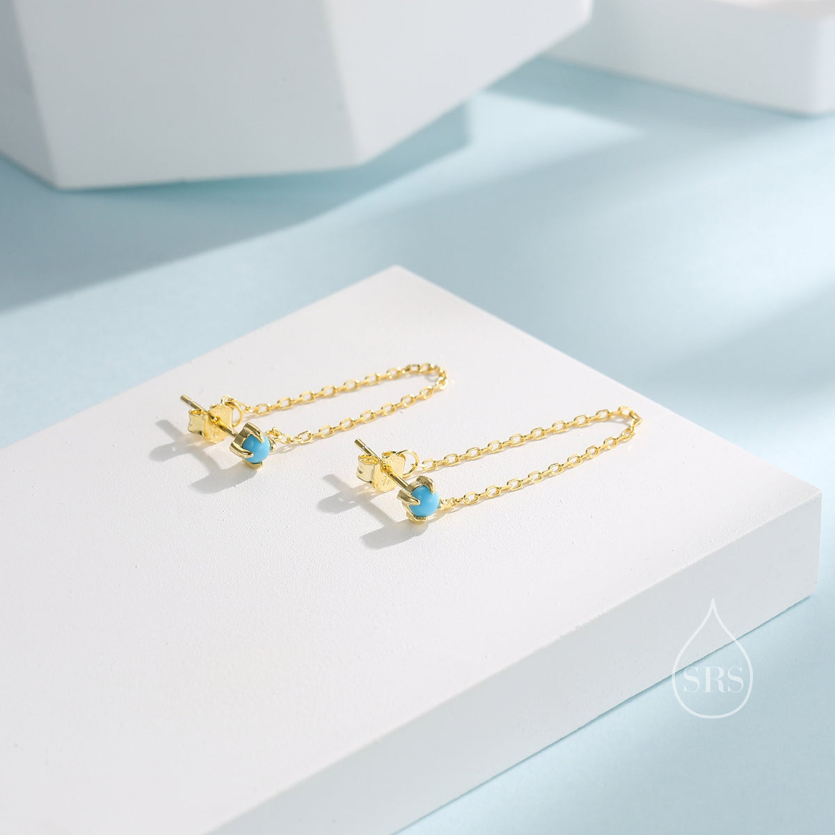 Natural Turquoise and Chain Ear Jacket in Sterling Silver, Silver or Gold, Turquoise Prong Earrings, Front and Back Earrings