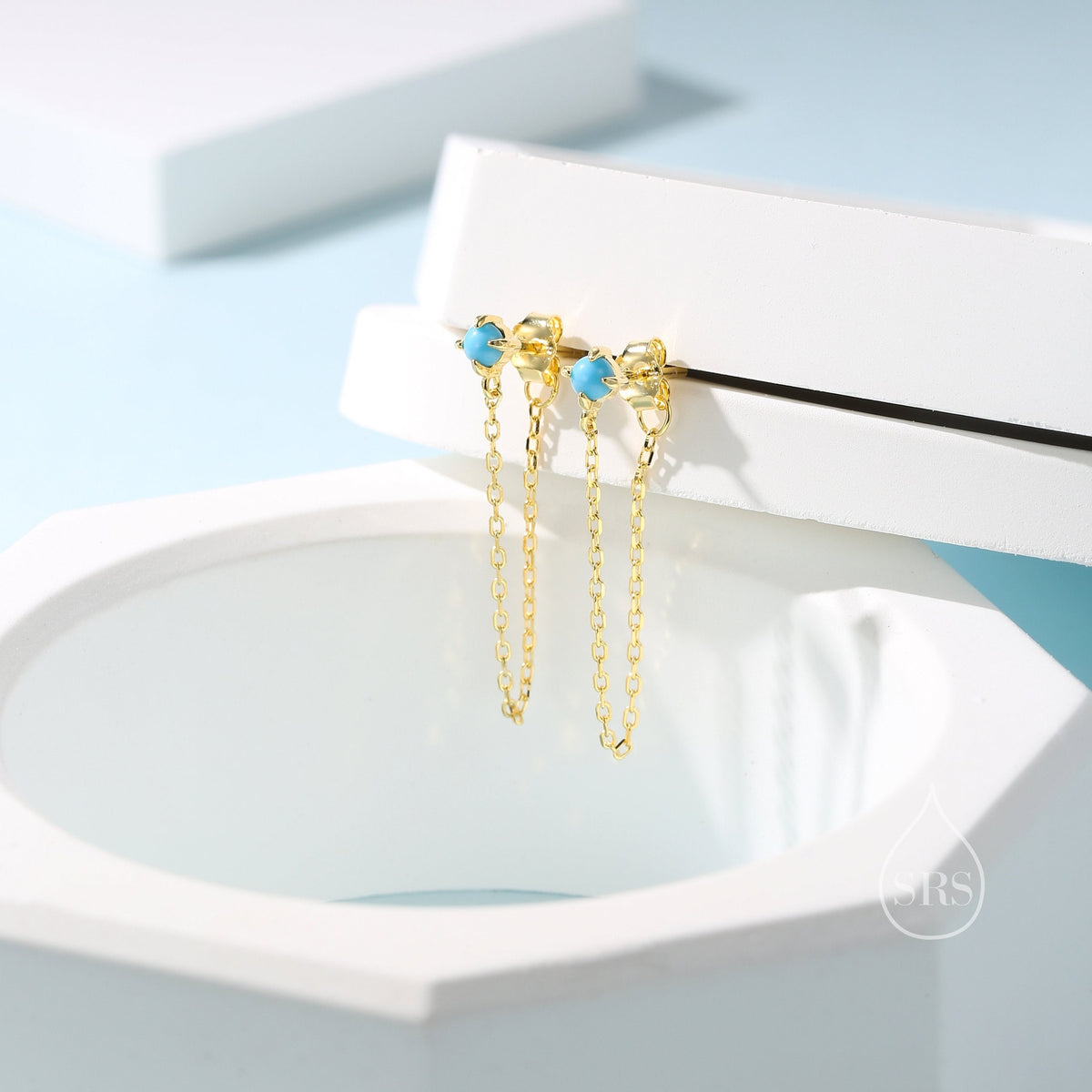 Natural Turquoise and Chain Ear Jacket in Sterling Silver, Silver or Gold, Turquoise Prong Earrings, Front and Back Earrings