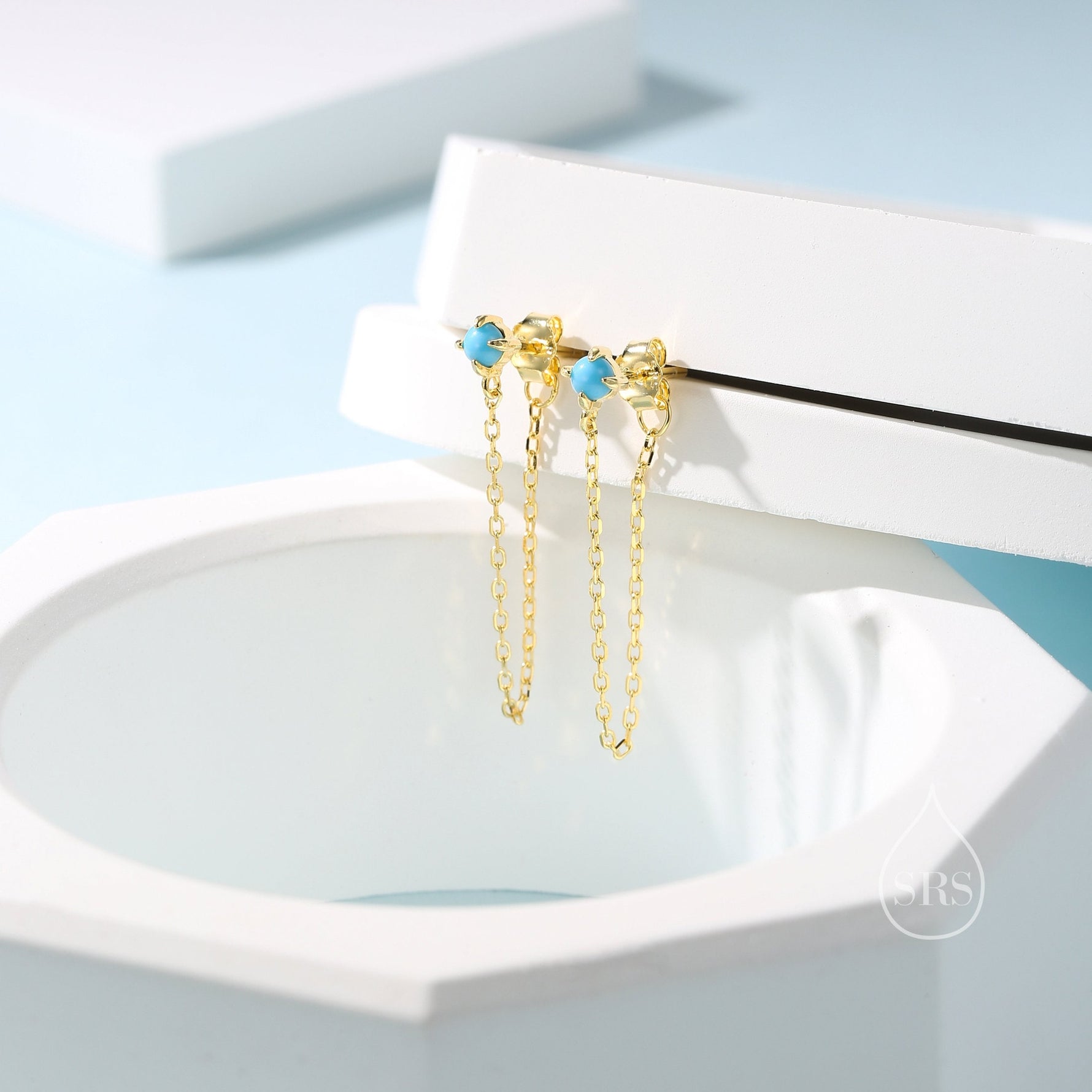 Natural Turquoise and Chain Ear Jacket in Sterling Silver, Silver or Gold, Turquoise Prong Earrings, Front and Back Earrings