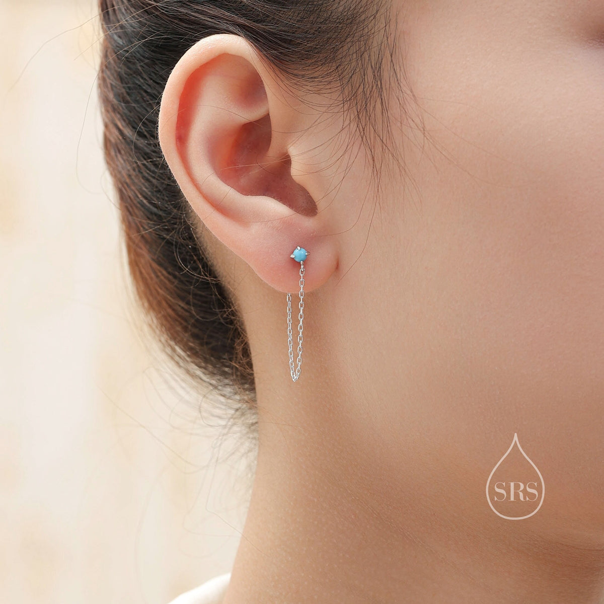 Moonstone and Chain Ear Jacket in Sterling Silver, Silver or Gold, Lab Moonstone Prong Earrings, Front and Back Earrings