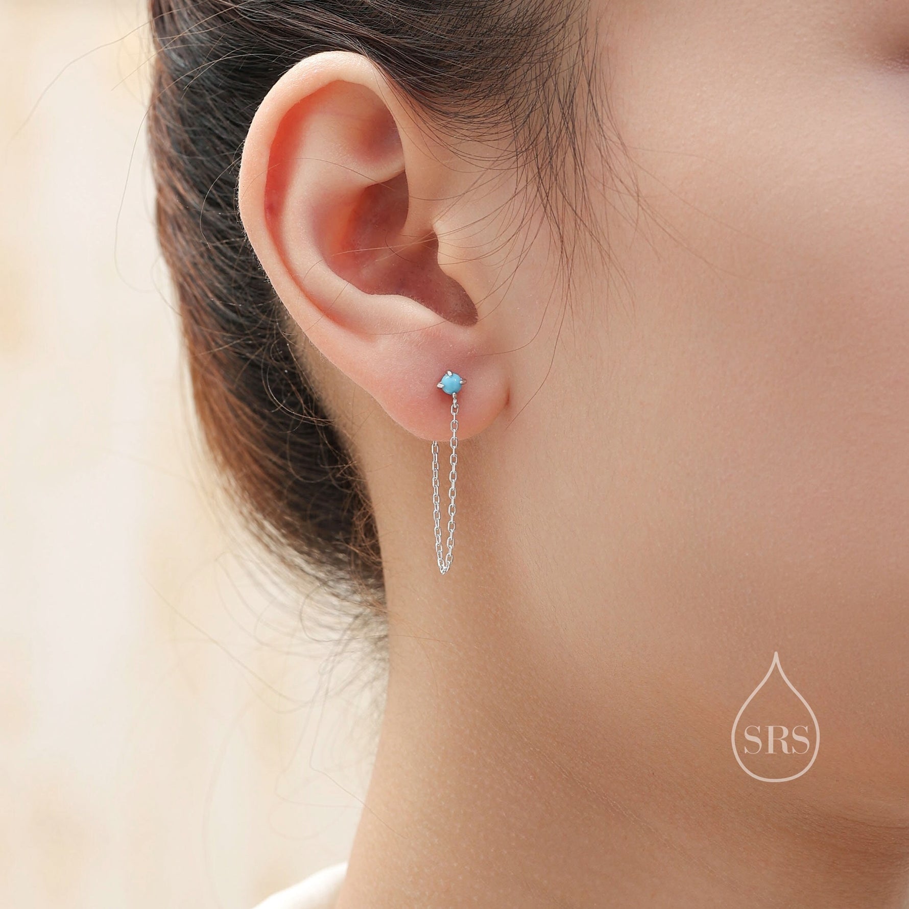 Moonstone and Chain Ear Jacket in Sterling Silver, Silver or Gold, Lab Moonstone Prong Earrings, Front and Back Earrings