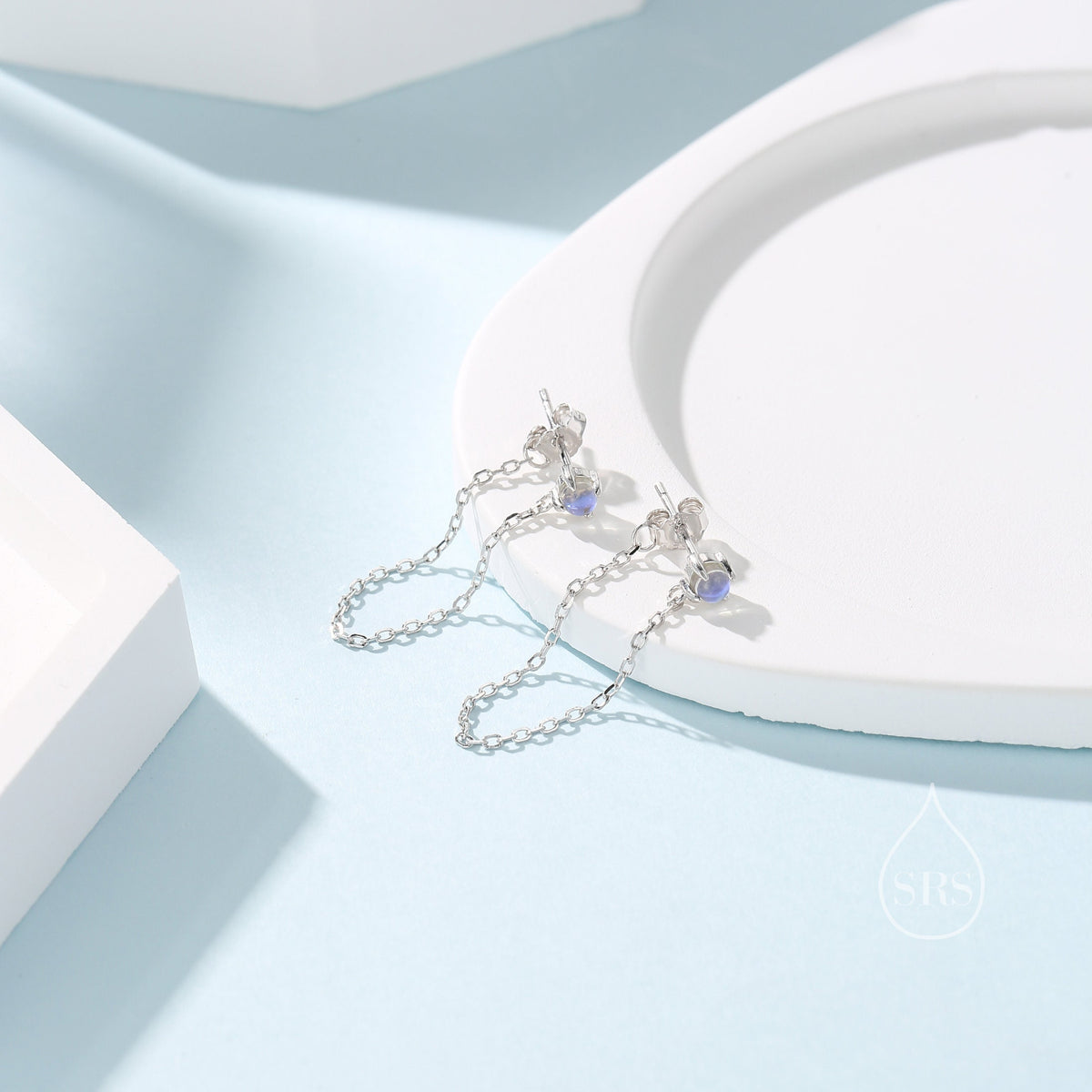 Moonstone and Chain Ear Jacket in Sterling Silver, Silver or Gold, Lab Moonstone Prong Earrings, Front and Back Earrings