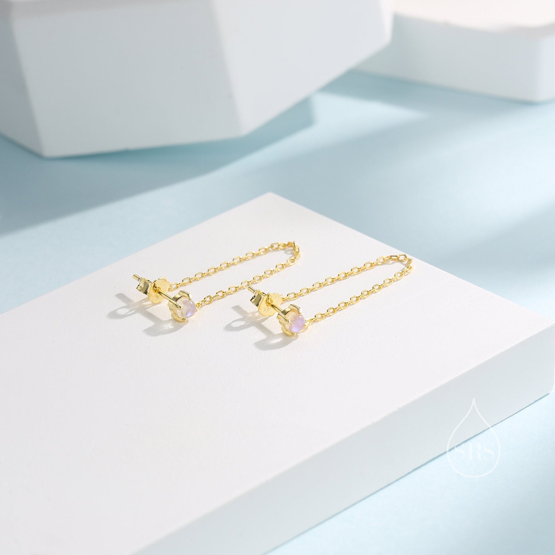 Moonstone and Chain Ear Jacket in Sterling Silver, Silver or Gold, Lab Moonstone Prong Earrings, Front and Back Earrings