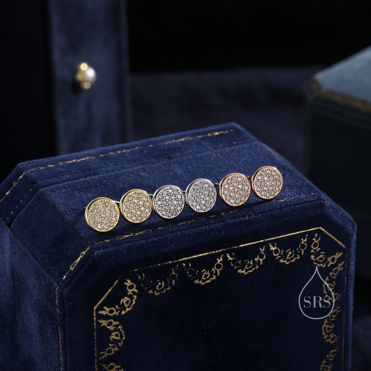CZ Round Disk Stud Earrings in Sterling Silver, CZ Coin Earrings, 8mm Circle Stud, CZ Pave Coin Earrings, Silver or Gold