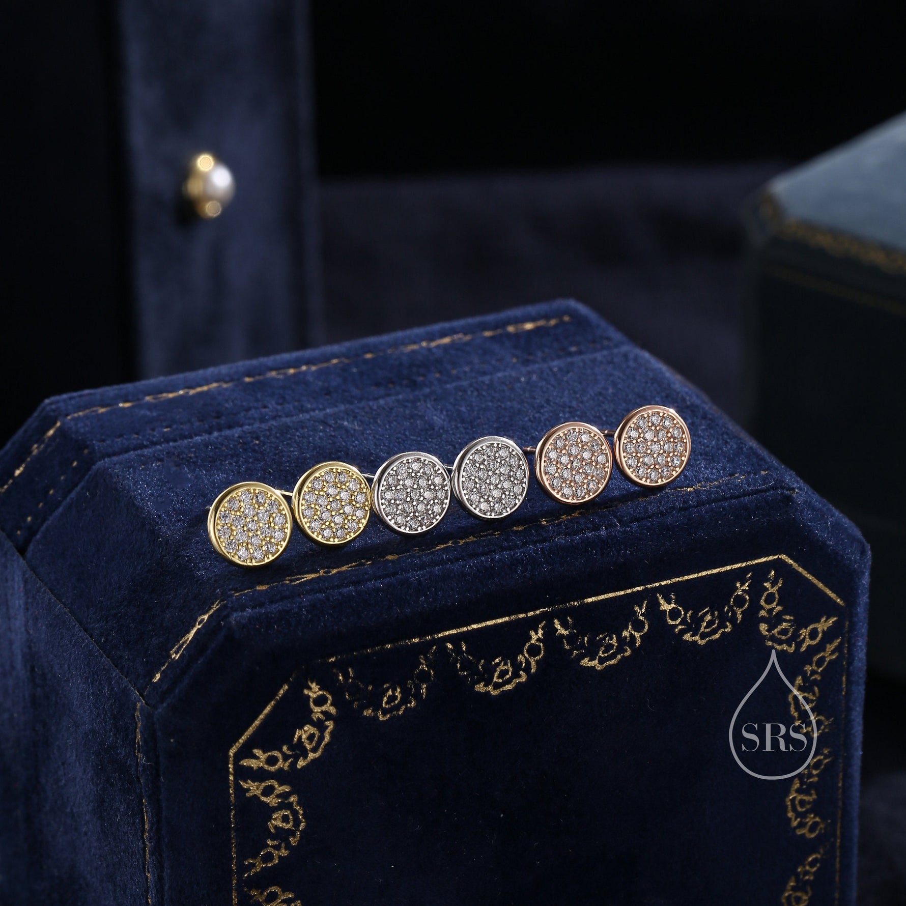 CZ Round Disk Stud Earrings in Sterling Silver, CZ Coin Earrings, 8mm Circle Stud, CZ Pave Coin Earrings, Silver or Gold