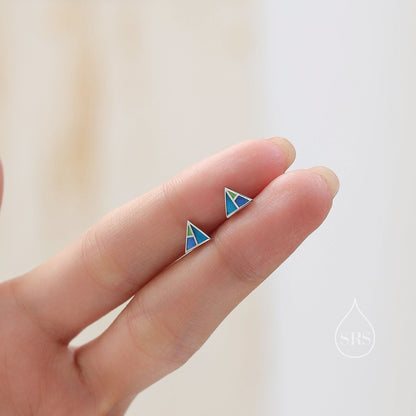 Enamel Triangle Stud Earrings in Sterling Silver,  Hand Painted Enamel Triangle Earrings, Triangle Stud