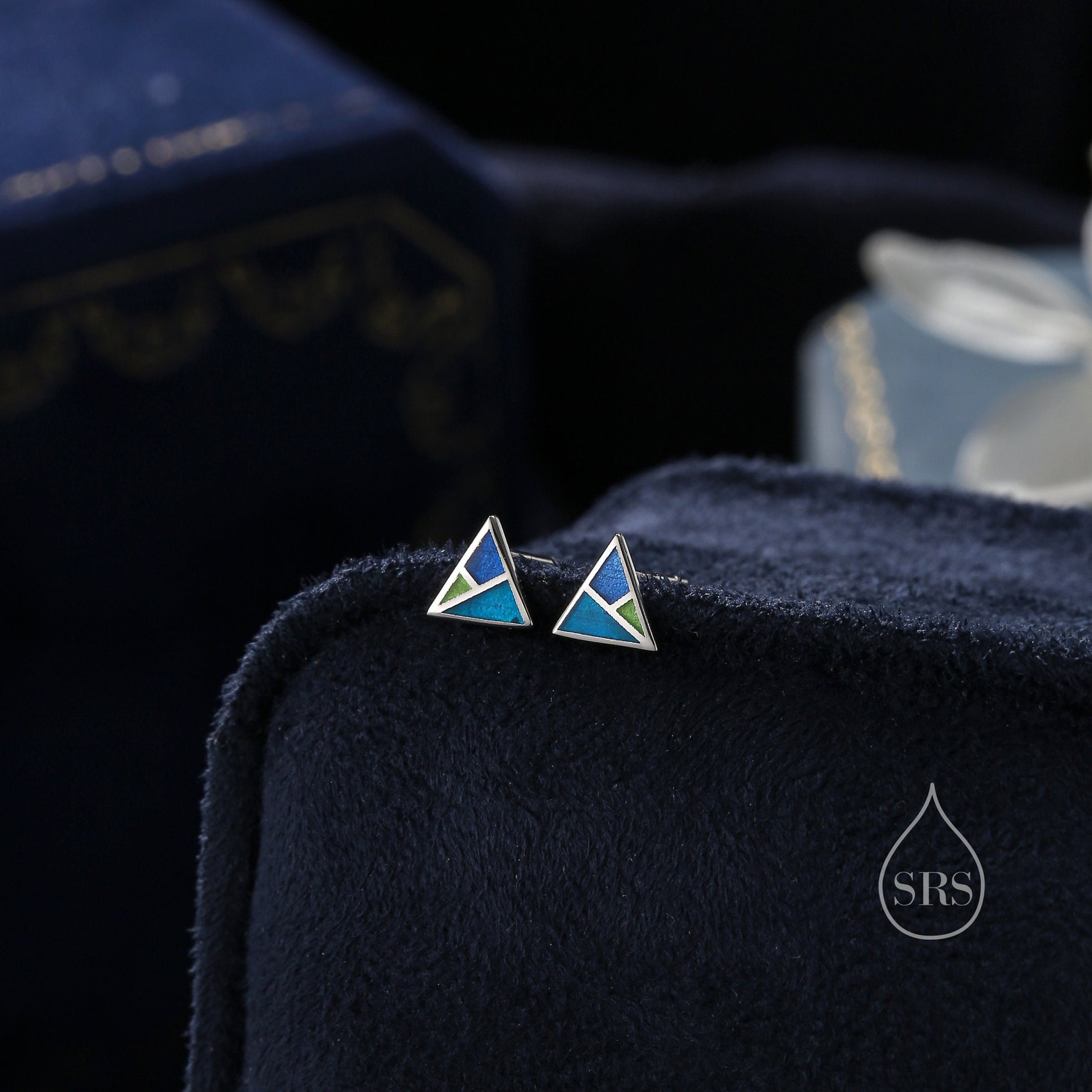 Enamel Triangle Stud Earrings in Sterling Silver, Hand Painted Enamel Triangle Earrings, Triangle Stud