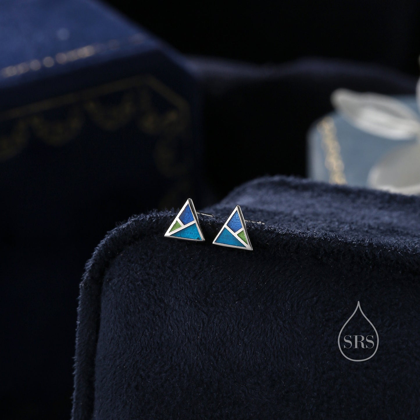 Enamel Triangle Stud Earrings in Sterling Silver,  Hand Painted Enamel Triangle Earrings, Triangle Stud