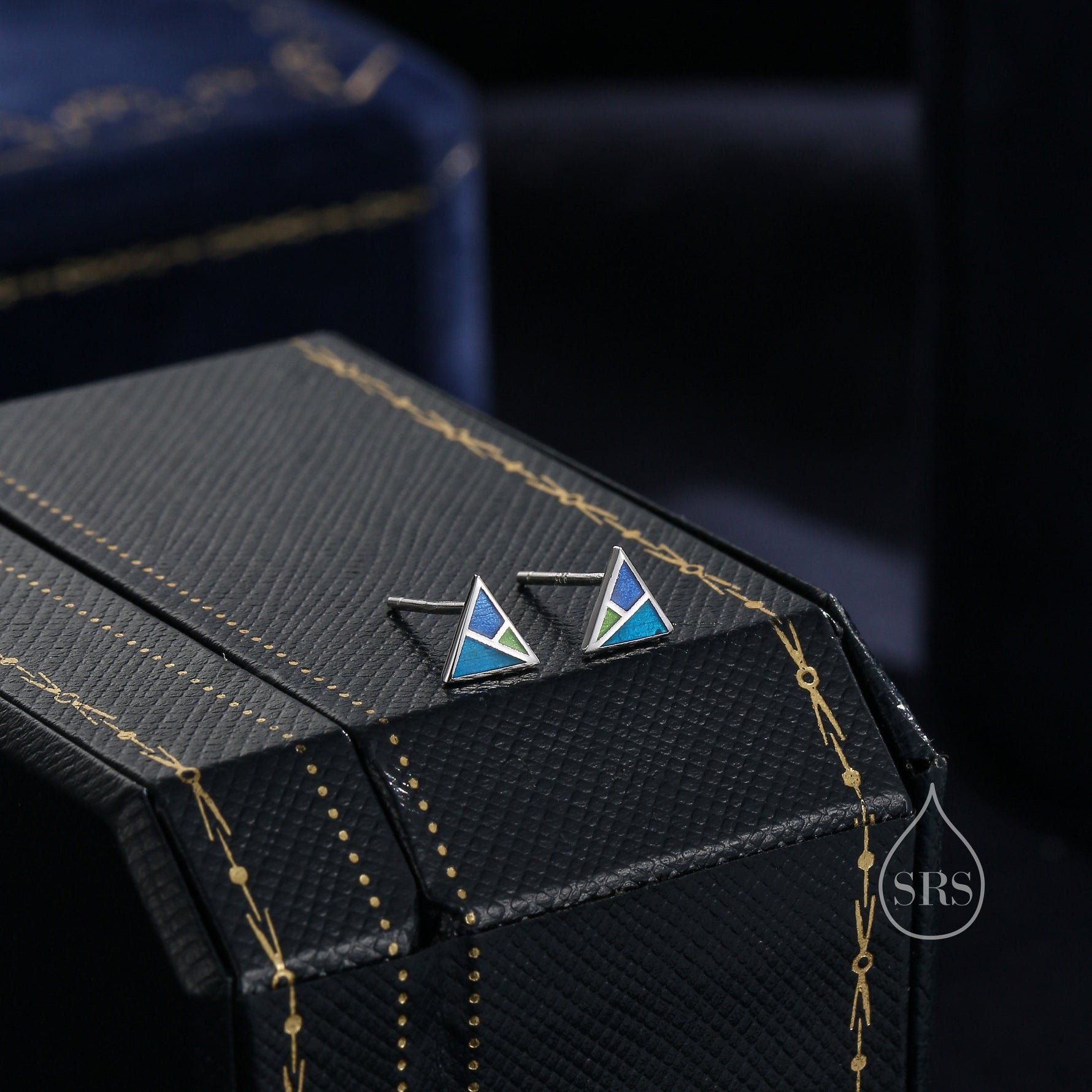 Enamel Triangle Stud Earrings in Sterling Silver, Hand Painted Enamel Triangle Earrings, Triangle Stud