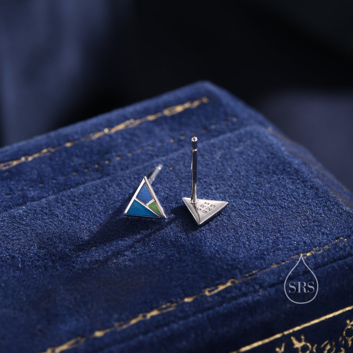 Enamel Triangle Stud Earrings in Sterling Silver, Hand Painted Enamel Triangle Earrings, Triangle Stud