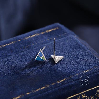 Enamel Triangle Stud Earrings in Sterling Silver,  Hand Painted Enamel Triangle Earrings, Triangle Stud