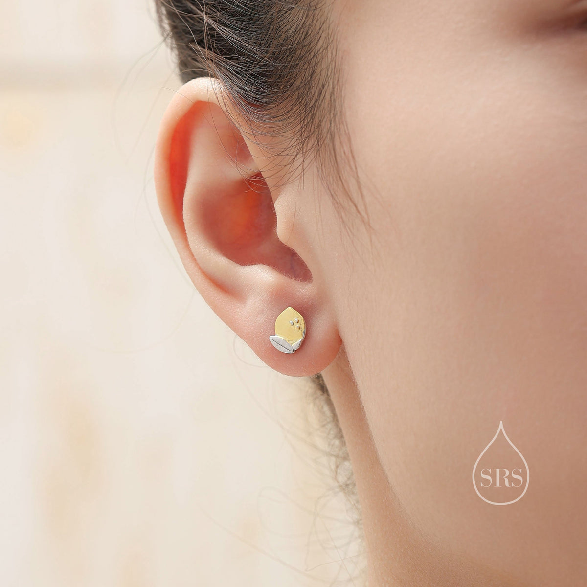 Lemon Stud Earrings in Sterling Silver, Silver and 14ct Yellow Gold Two Tone Earrings, Fruit Earrings, Summer Earrings