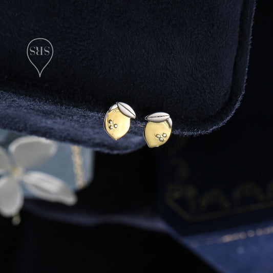 Lemon Stud Earrings in Sterling Silver, Silver and 14ct Yellow Gold Two Tone Earrings, Fruit Earrings, Summer Earrings