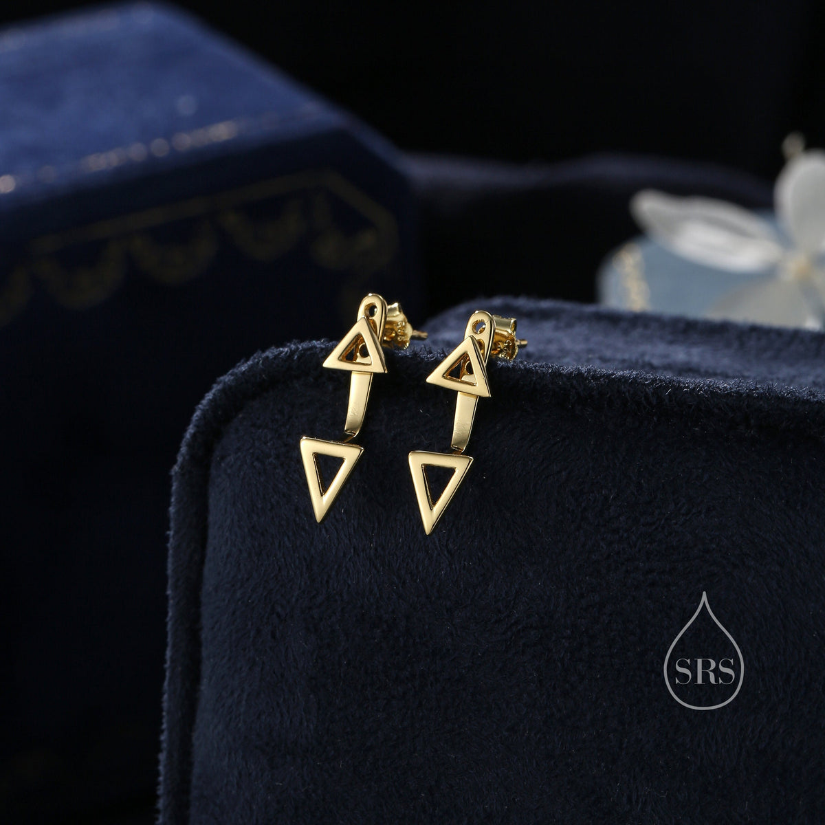 Double Triangle Ear Jacket in Sterling Silver, Silver or Gold or Rose Gold, Cut Out Triangle Jacket Earrings, Front and Back Earrings