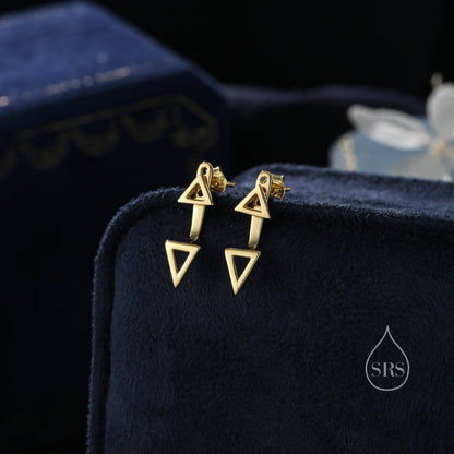 Double Triangle Ear Jacket in Sterling Silver,  Silver or Gold or Rose Gold, Cut Out Triangle Jacket Earrings, Front and Back Earrings