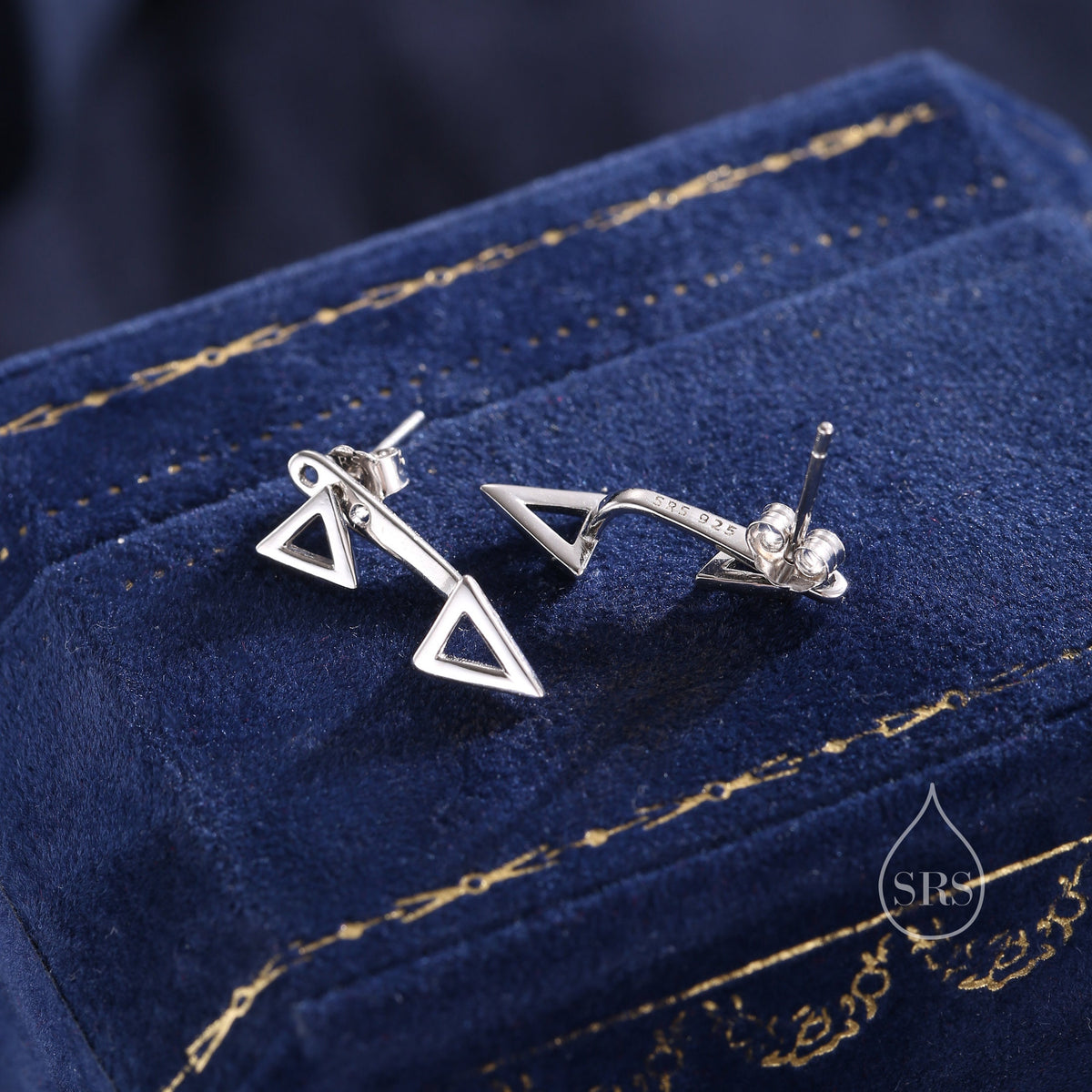 Double Triangle Ear Jacket in Sterling Silver, Silver or Gold or Rose Gold, Cut Out Triangle Jacket Earrings, Front and Back Earrings