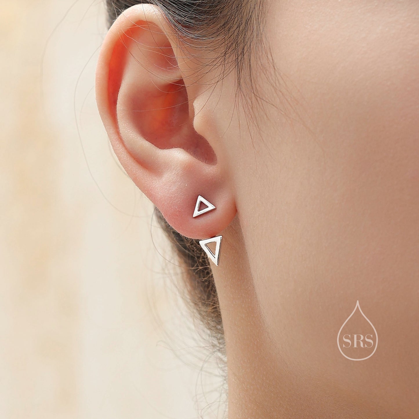 Double Triangle Ear Jacket in Sterling Silver,  Silver or Gold or Rose Gold, Cut Out Triangle Jacket Earrings, Front and Back Earrings