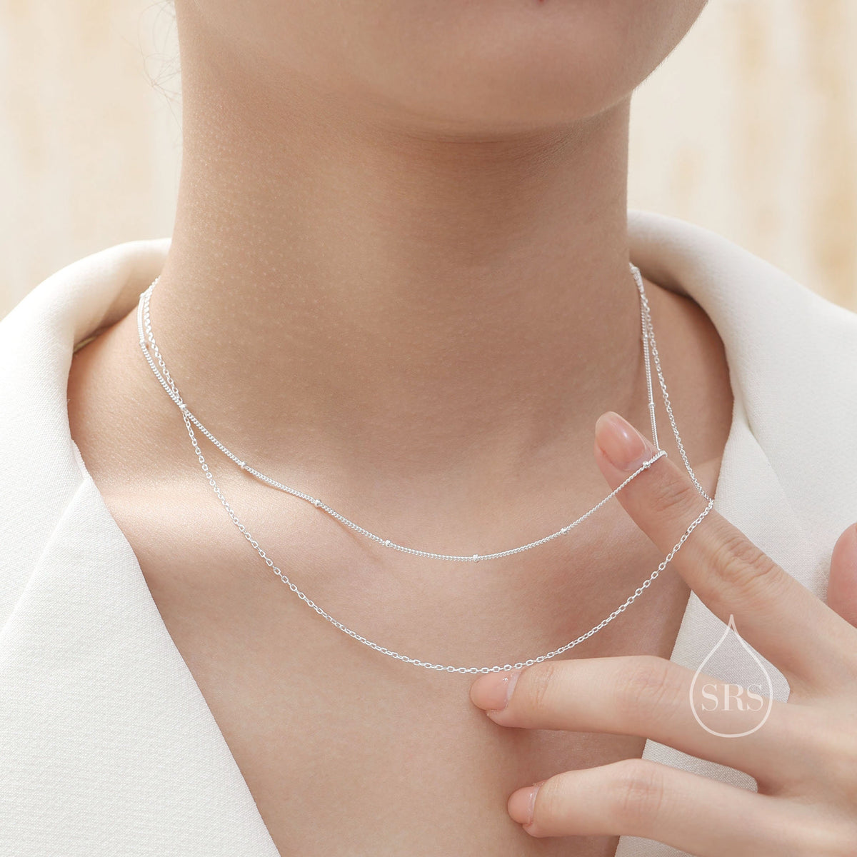 Double Layer Necklace in Sterling Silver with Satellite Chain, Silver or Gold or Rose Gold, Chain Necklace