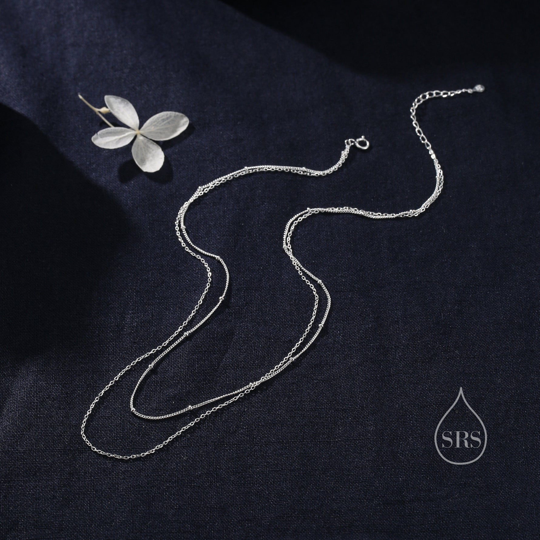 Double Layer Necklace in Sterling Silver with Satellite Chain, Silver or Gold or Rose Gold, Chain Necklace