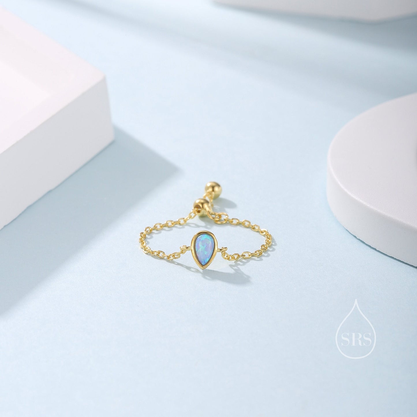 Sterling Silver Pear Cut Blue Opal Soft Ring, Adjustable Size Lab Opal Droplet Chain Ring, Silver or Gold, Soft chain Ring with Opal