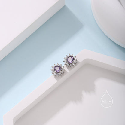 Amethyst Purple CZ Halo Stud Earrings in Sterling Silver, Silver or Gold, February Birthstone Earrings, Flower CZ Earrings