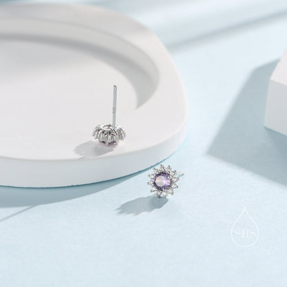 Amethyst Purple CZ Halo Stud Earrings in Sterling Silver, Silver or Gold, February Birthstone Earrings, Flower CZ Earrings