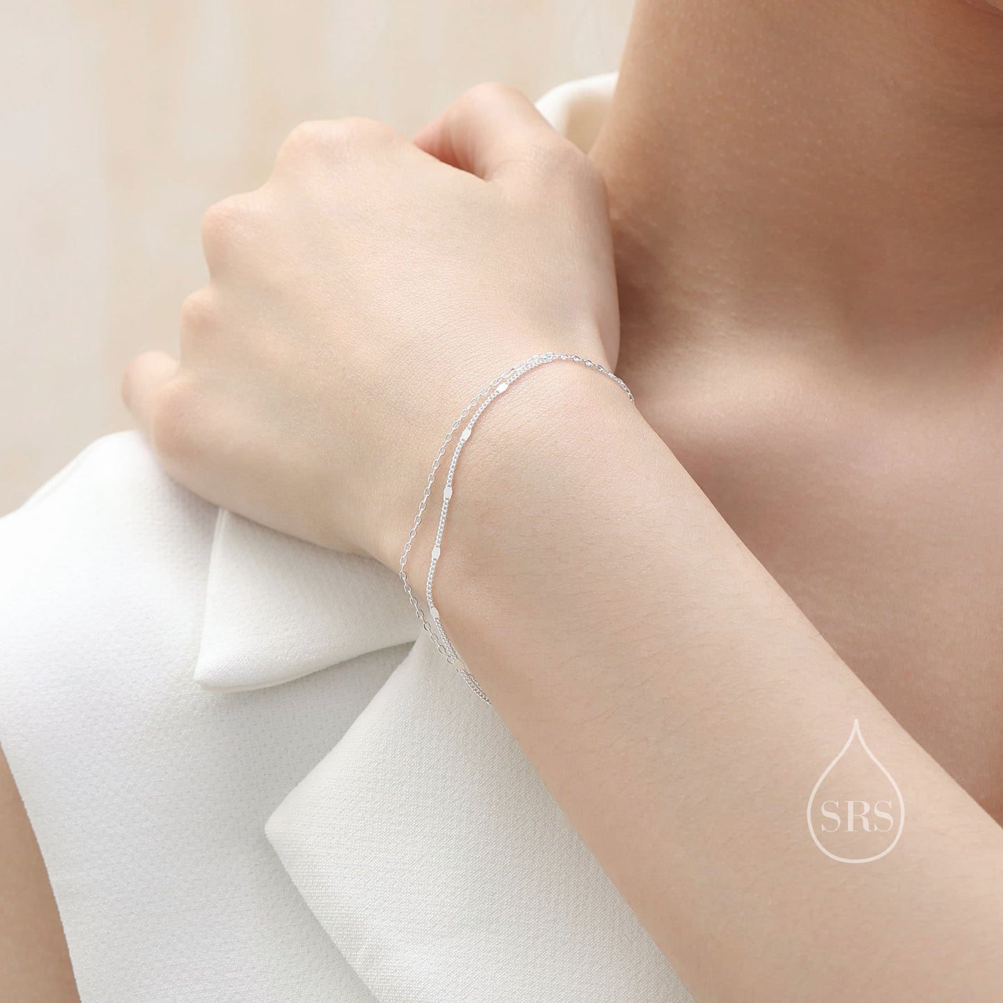 Double Layer Bracelet in Sterling Silver, Dainty Chain Sparkle Chain Bracelet, Silver or Gold or Rose Gold