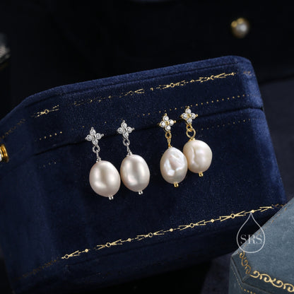 Genuine Baroque Pearl and Hydrangea Flower CZ Drop Earrings in Sterling Silver, Silver or Gold, Delicate Keshi Pearl Earrings, Genuine Pearl