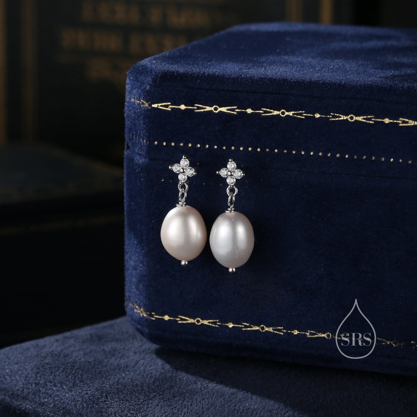 Genuine Baroque Pearl and Hydrangea Flower CZ Drop Earrings in Sterling Silver, Silver or Gold, Delicate Keshi Pearl Earrings, Genuine Pearl