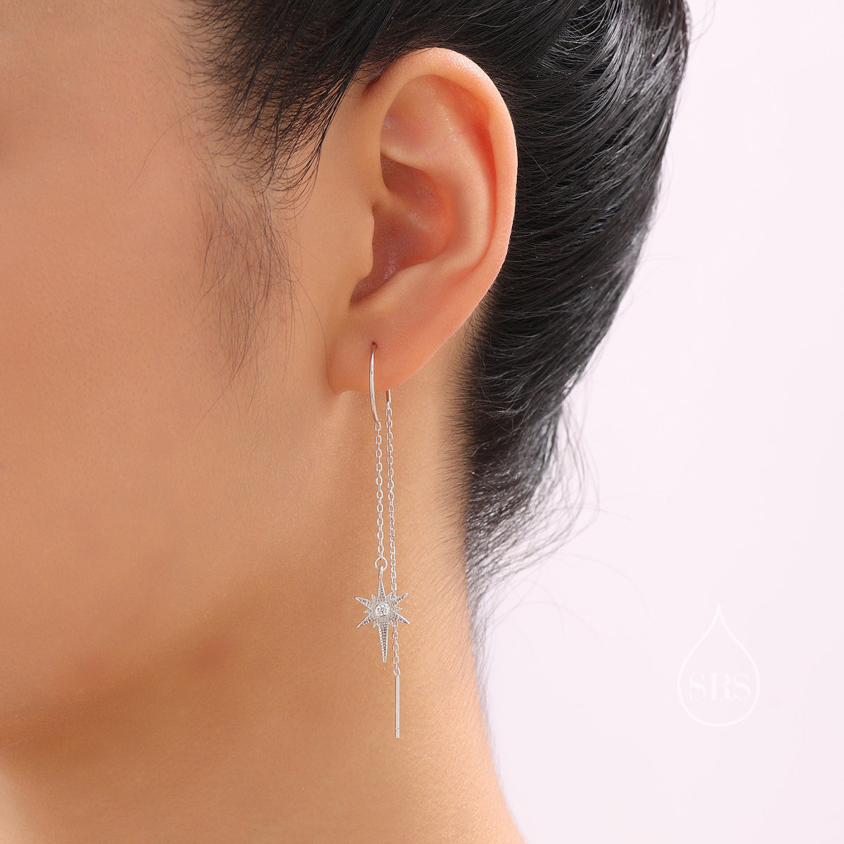 Beautiful Starburst Star Ear Threader Earrings, Silver, Gold or Rose Gold, Ear Wire in Sterling Silver, U shaped Dangle Threaders