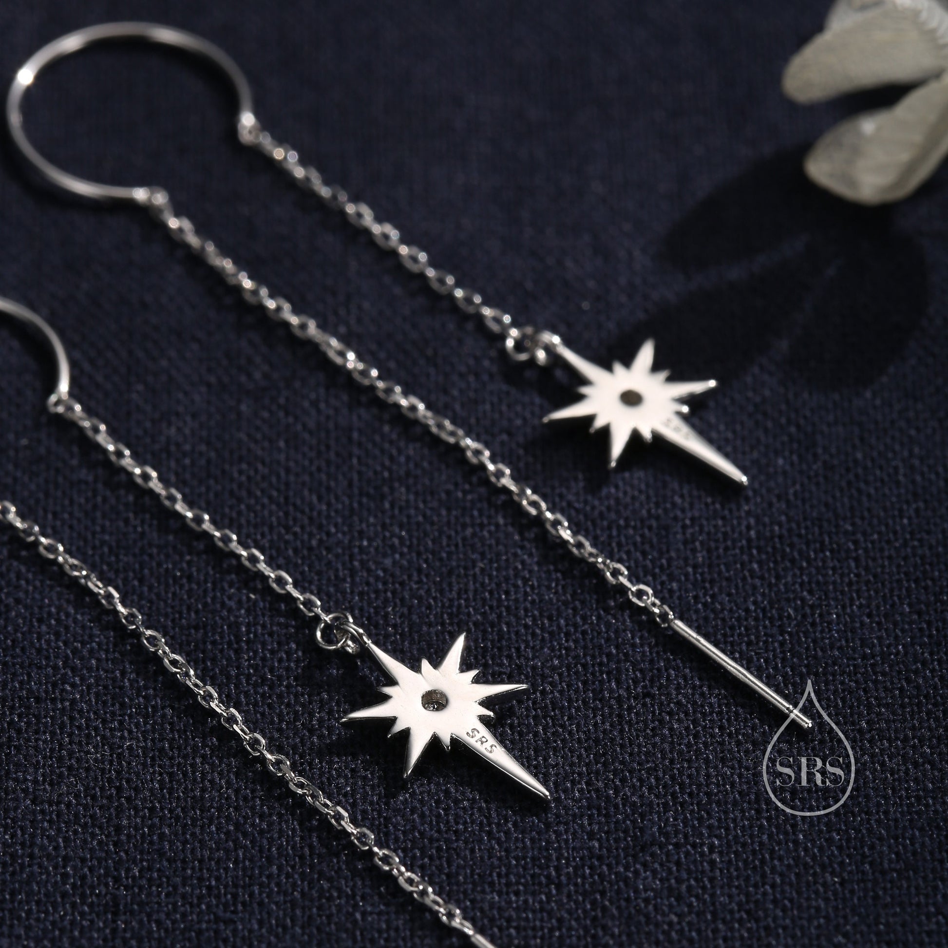 Beautiful Starburst Star Ear Threader Earrings, Silver, Gold or Rose Gold, Ear Wire in Sterling Silver, U shaped Dangle Threaders