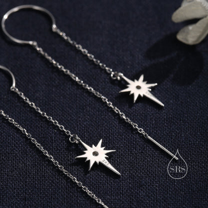 Beautiful Starburst Star Ear Threader Earrings, Silver, Gold or Rose Gold, Ear Wire in Sterling Silver, U shaped Dangle Threaders
