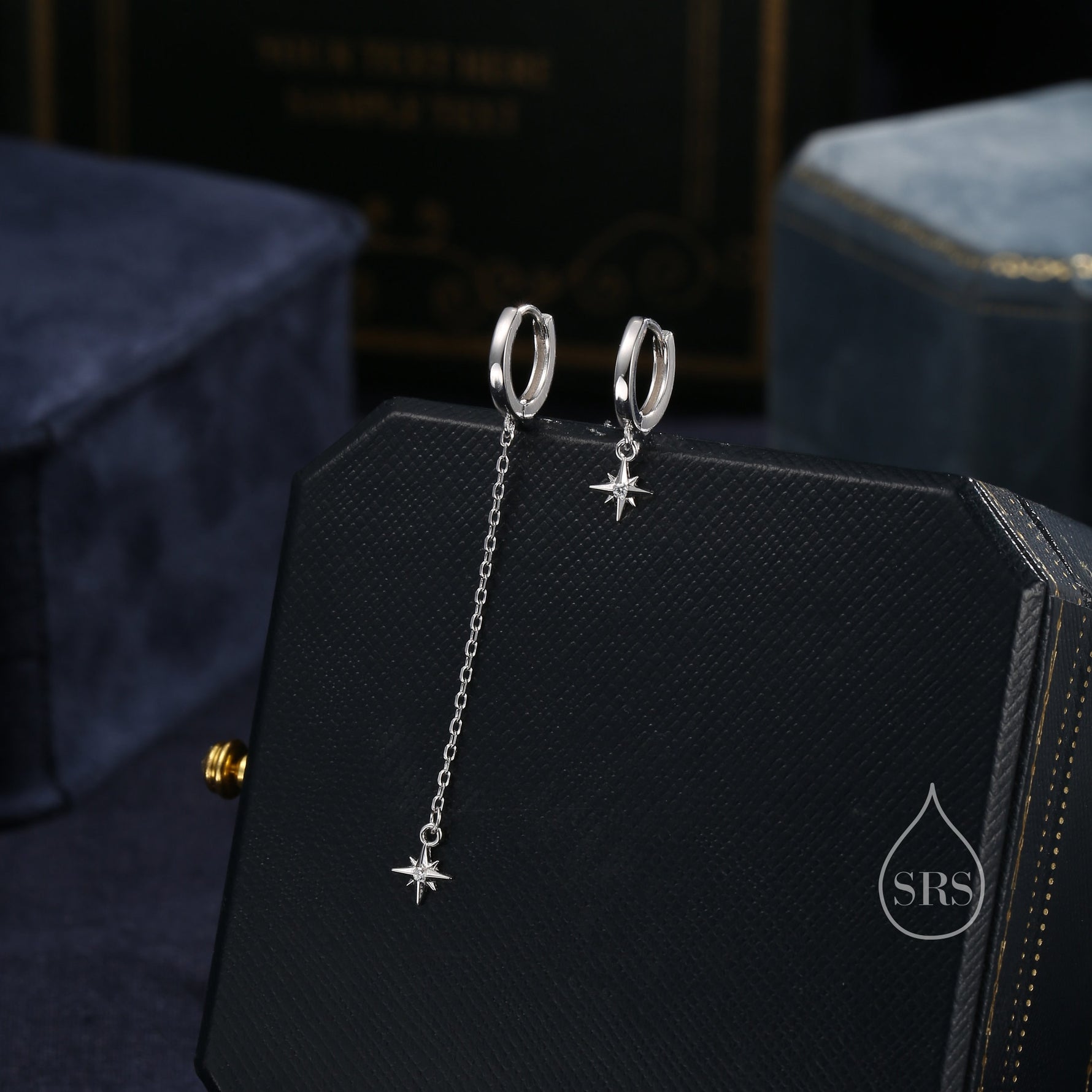 Asymmetric Tiny CZ Starburst Huggie Hoop Earrings in Sterling Silver, Silver, Gold or Rose Gold, North Star Earrings, Sunburst Earrings