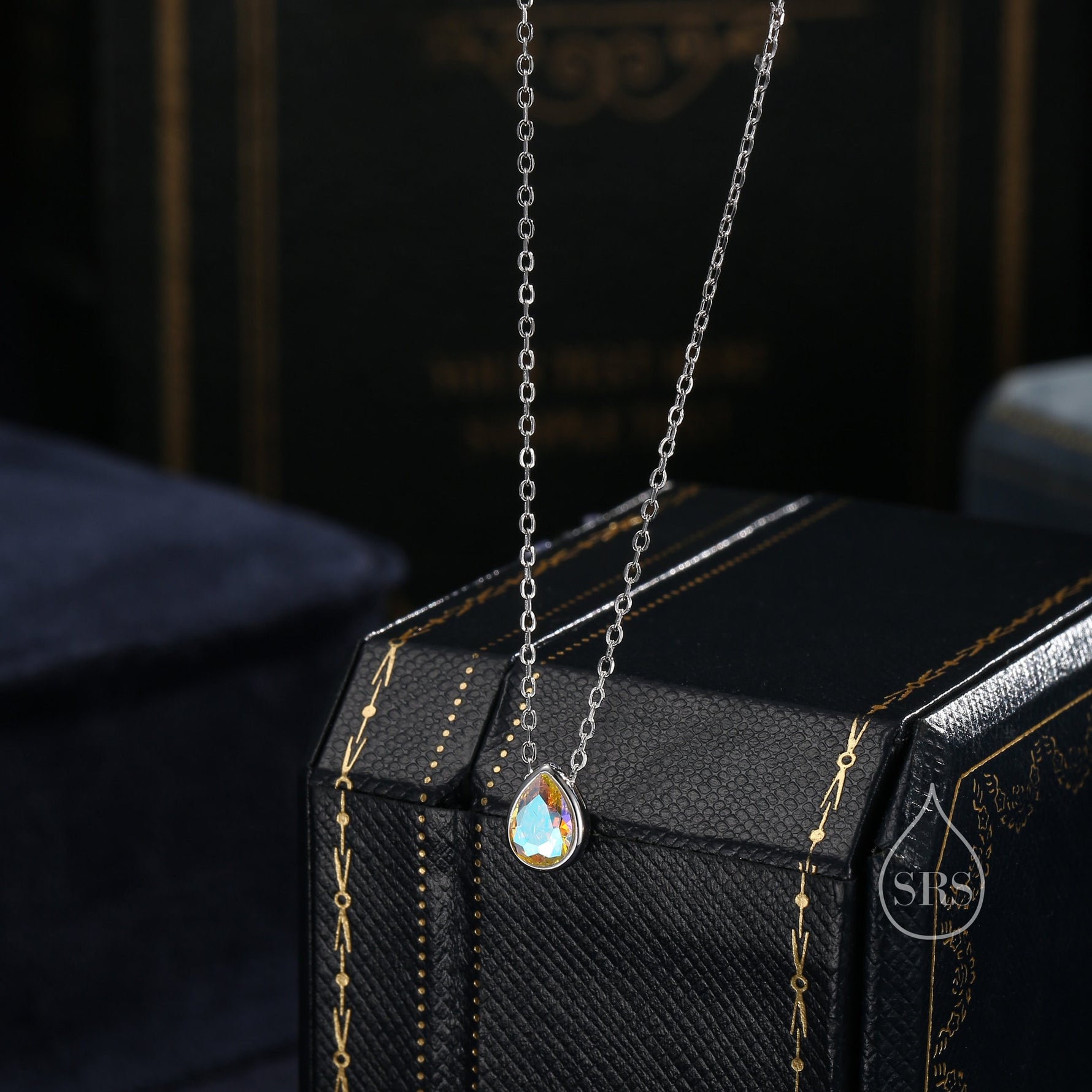 Tiny Aurora CZ Droplet Pendant Necklace in Sterling Silver, Silver or Gold or Rose Gold, Minimalist Pear Cut AB Crystal CZ Necklace