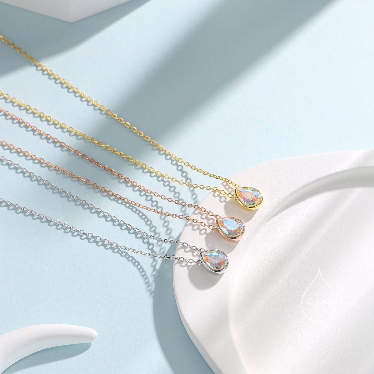 Tiny Aurora CZ Droplet Pendant Necklace in Sterling Silver, Silver or Gold or Rose Gold, Minimalist Pear Cut AB Crystal CZ Necklace