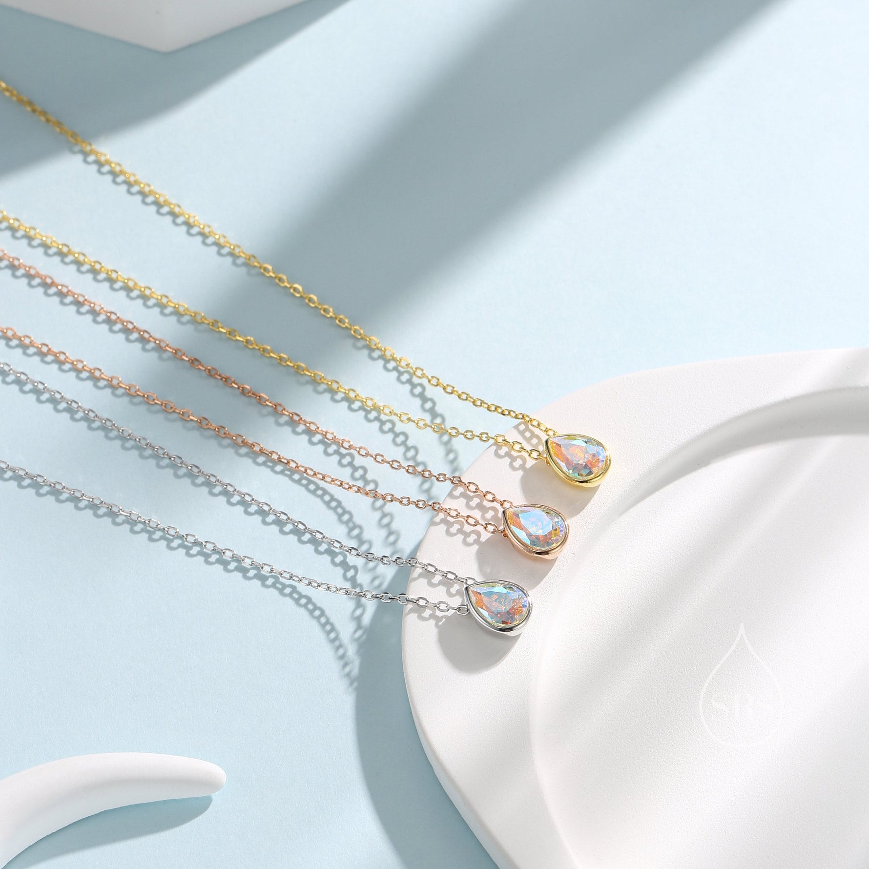 Tiny Aurora CZ Droplet Pendant Necklace in Sterling Silver, Silver or Gold or Rose Gold, Minimalist Pear Cut AB Crystal CZ Necklace