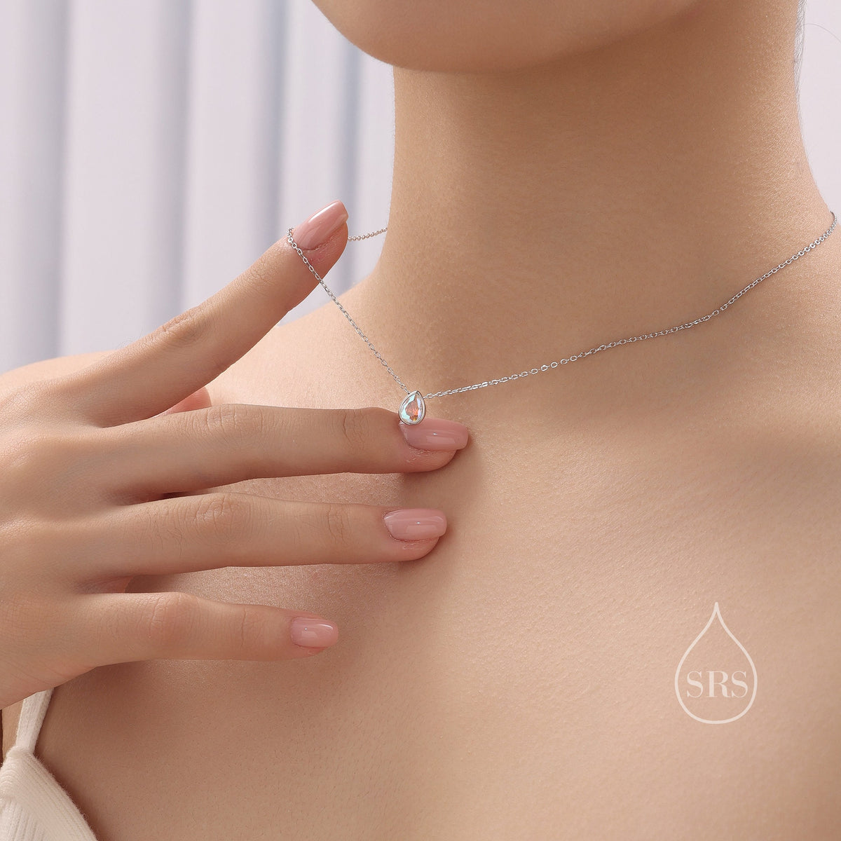 Tiny Aurora CZ Droplet Pendant Necklace in Sterling Silver, Silver or Gold or Rose Gold, Minimalist Pear Cut AB Crystal CZ Necklace