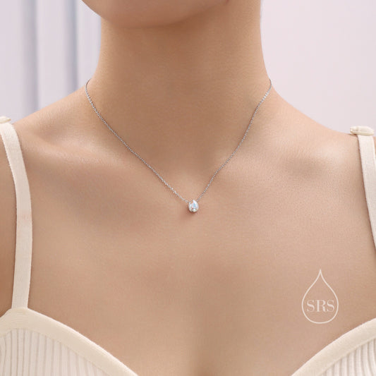 Tiny Aurora CZ Droplet Pendant Necklace in Sterling Silver, Silver or Gold or Rose Gold, Minimalist Pear Cut AB Crystal CZ Necklace