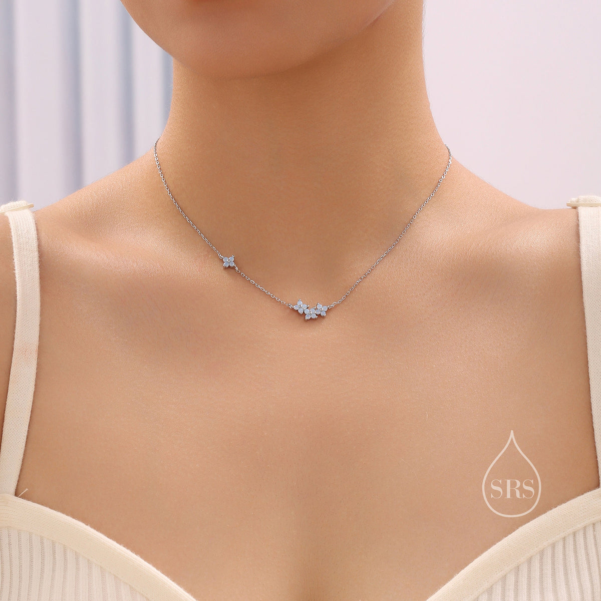 Tiny Blue Hydrangea Bouquet CZ Necklace in Sterling Silver, Silver or Gold, Tiny CZ Flower Necklace, Tiny CZ Necklace