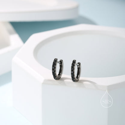 Black CZ Starburst Huggie Hoop Earrings in Sterling Silver, Black CZ Hoop Earrings, CZ Hoop Earrings