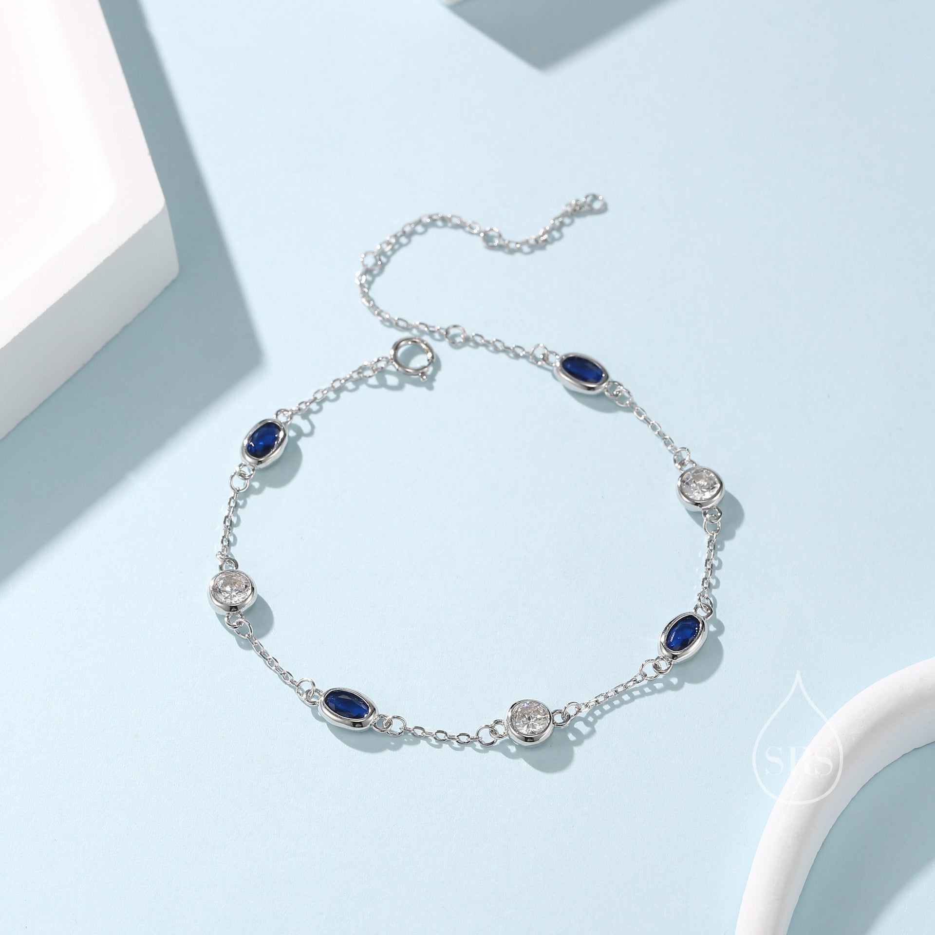 Sapphire Blue and Clear CZ Bracelet in Sterling Silver, Silver or