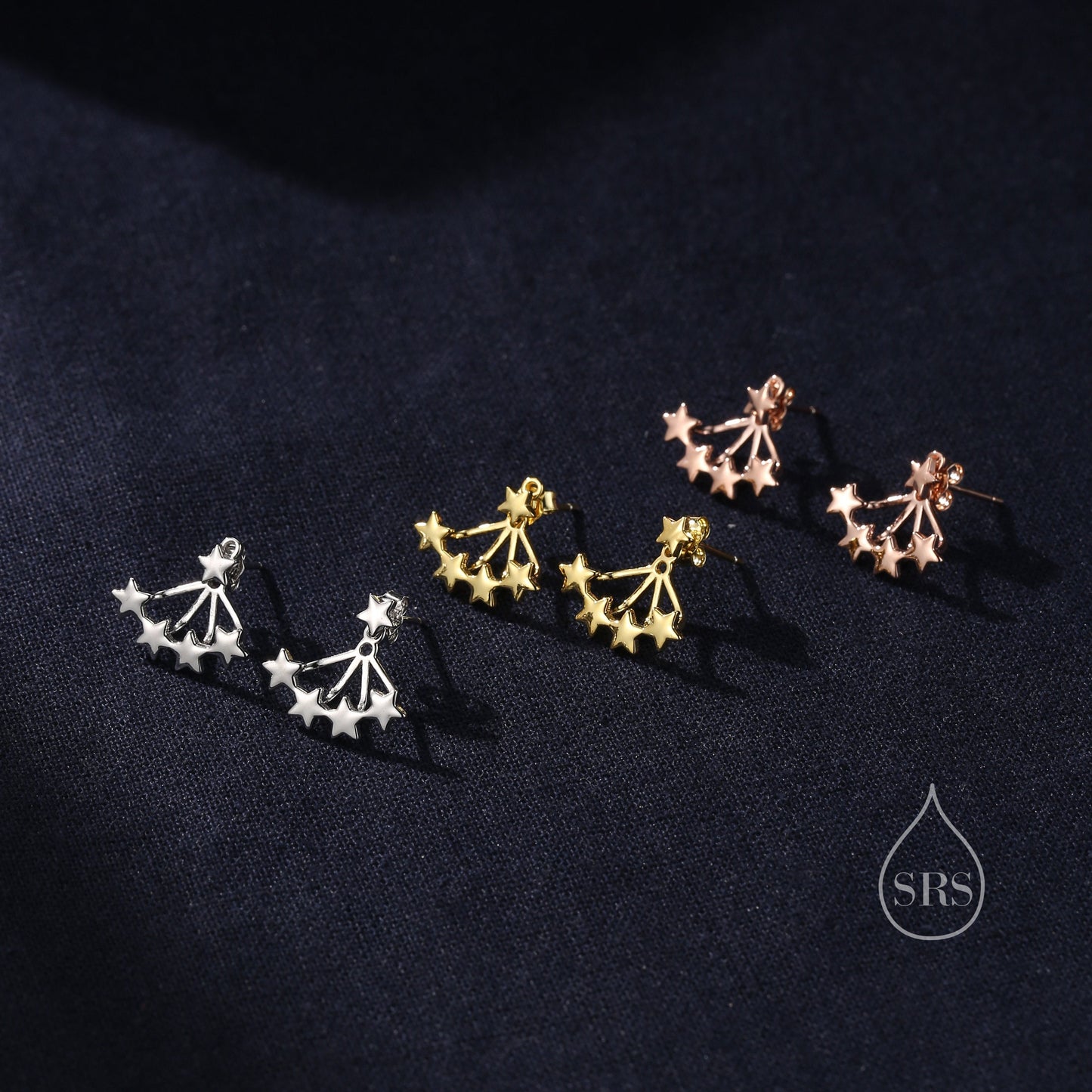 Star Ear Jacket in Sterling Silver, Four Star Earrings in Sterling Silver, Silver, Gold or Rose Gold, Front and Back